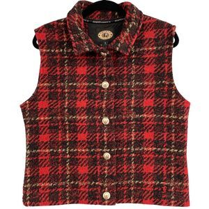 VTG Fleece Vest Jacket L Western Red Plaid Academia Cowgirl Country Y2K Rancher